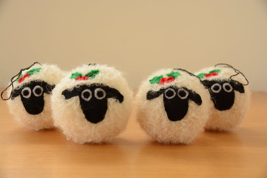 Set of 4 Festive Sheep Baubles in a cotton hand block printed gift bag