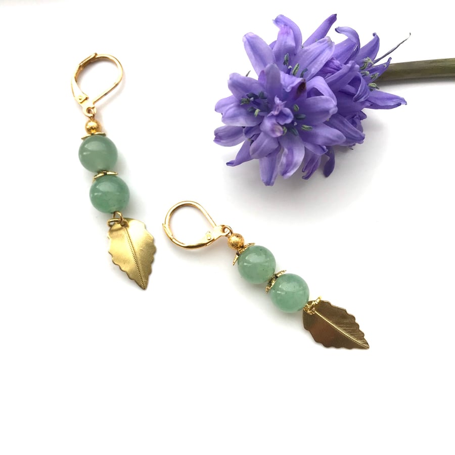   Jade semi precious stone earrings with golden leaves