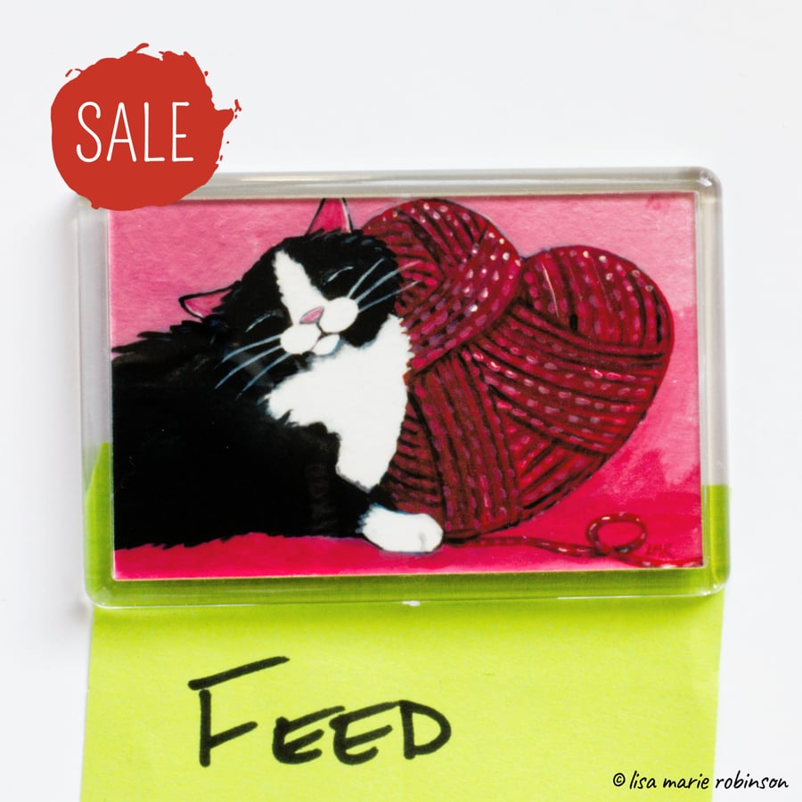 SALE - Tuxedo Cat Yarn Wool Heart Fridge Magnet 3 x 2 inch