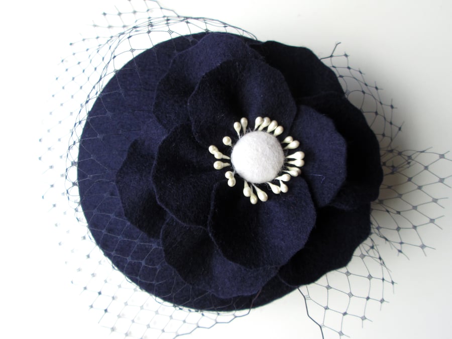 Navy Wedding Hat - Felt Fascinator, Navy Fascinator Hat, Cocktail Hat