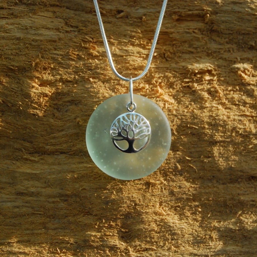 Beach glass from stopper with tree of life pendant 