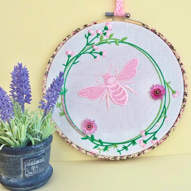 Pink Bee: Embroidered Hoop, Hooped Embroidery Wall Hanging