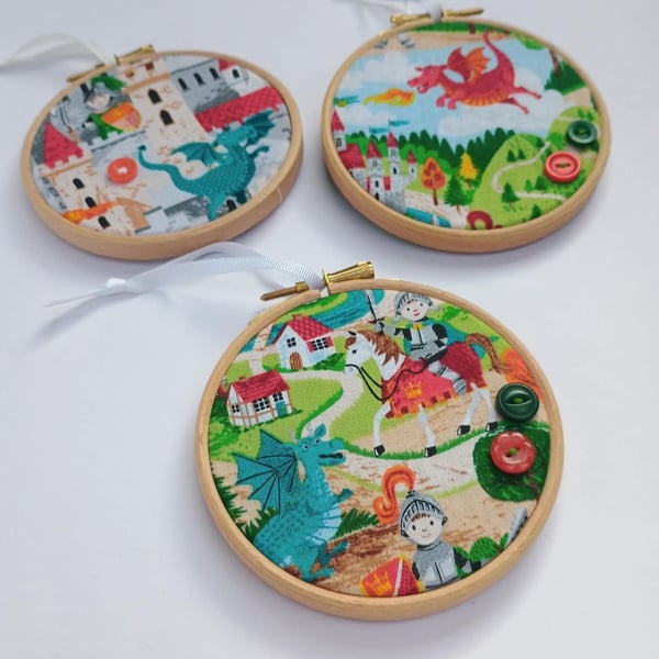 Dragon village fabric picture - kids nursery decor mini hoops