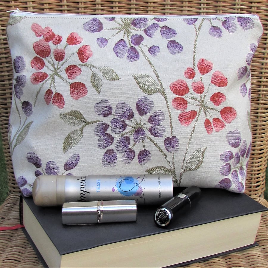 Cream toiletry bag, wash bag with red and purple floral pattern