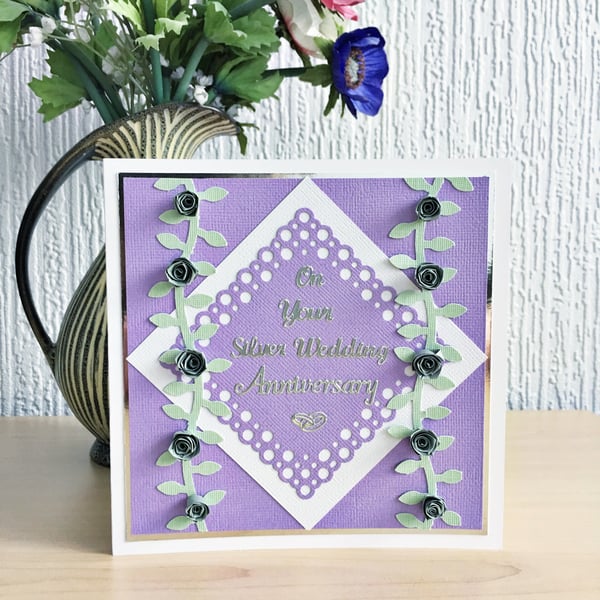 Silver wedding anniversary card - quilled roses