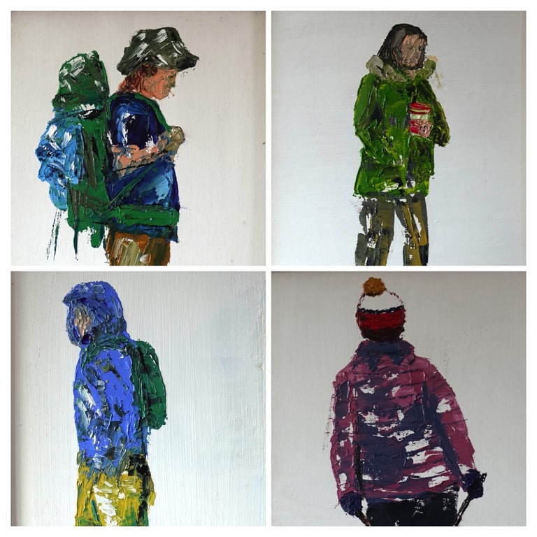 'The Outdoors'  4 original oil knife paintings framed set 8.5x25inch (22x64cm).