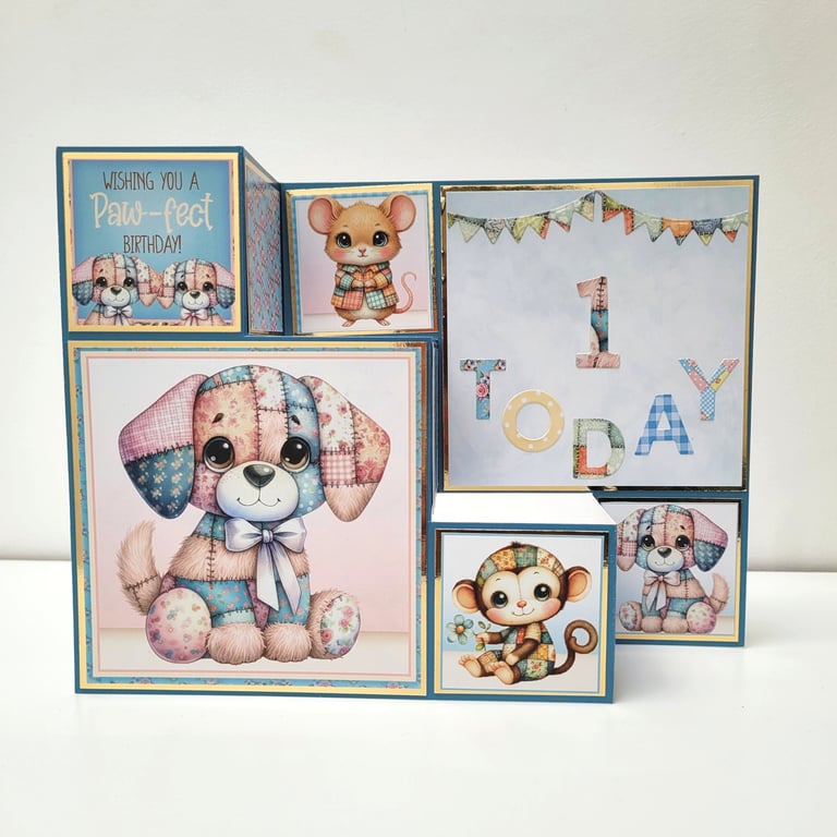 1st Birthday Card – Cute Patchwork Puppy & Animals – Unisex First Birthday Card 