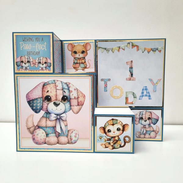 1st Birthday Card – Cute Patchwork Puppy & Animals – Unisex First Birthday Card 