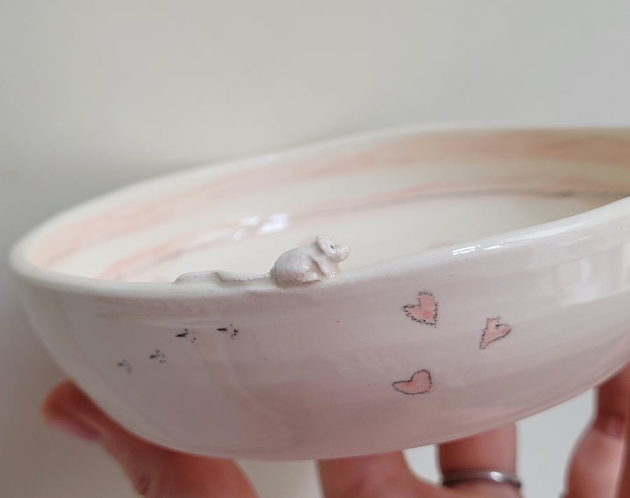 Hand made ceramic cat bowl with white mouse pink stripes spots and pawprints