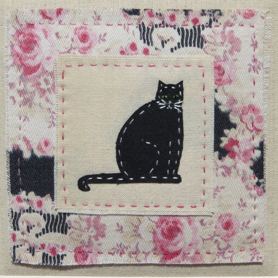Little Black Cat, framed, vintage fabric, hand-stitched, fine detailed work