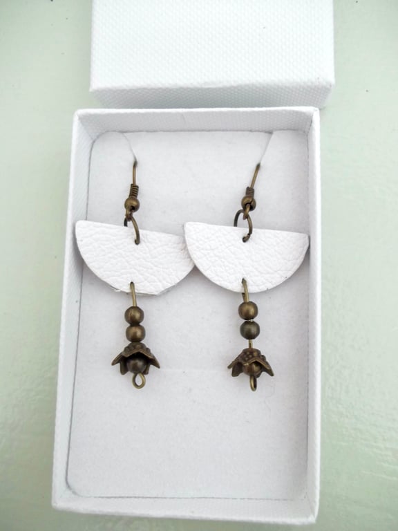 White Leather and Boho Beads Old Gold Colour Dangle Drop Earrings