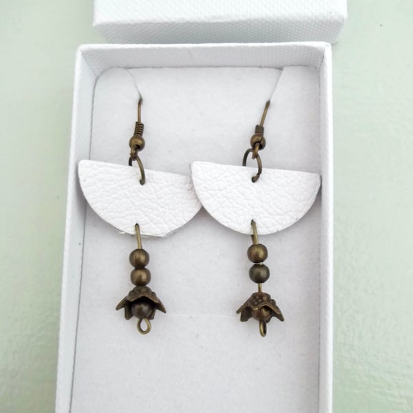 White Leather and Boho Beads Old Gold Colour Dangle Drop Earrings