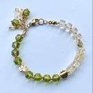 Artisan Olive green, gold & clear 24ct gold plated Czech Glass charm Bracelet 