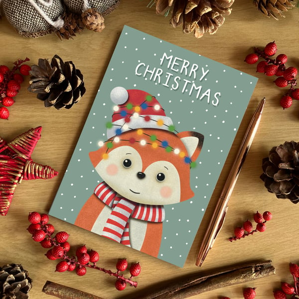 Green Festive Fox Cute A6 Sized Christmas Card 