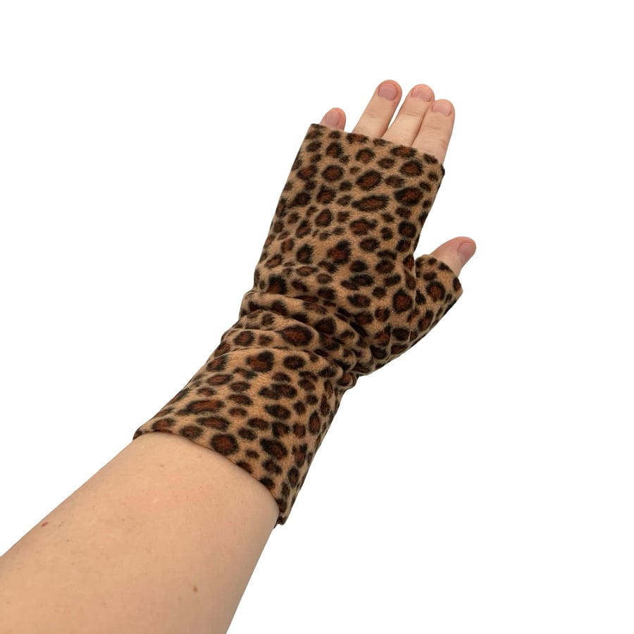 Brown leopard fingerless fleece gloves Typing arthritis wrist warmer gloves