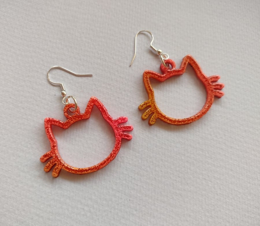 Fiery Orange Pink 'Kitty' Earrings Handmade With Resin. 925 Silver Hooks.
