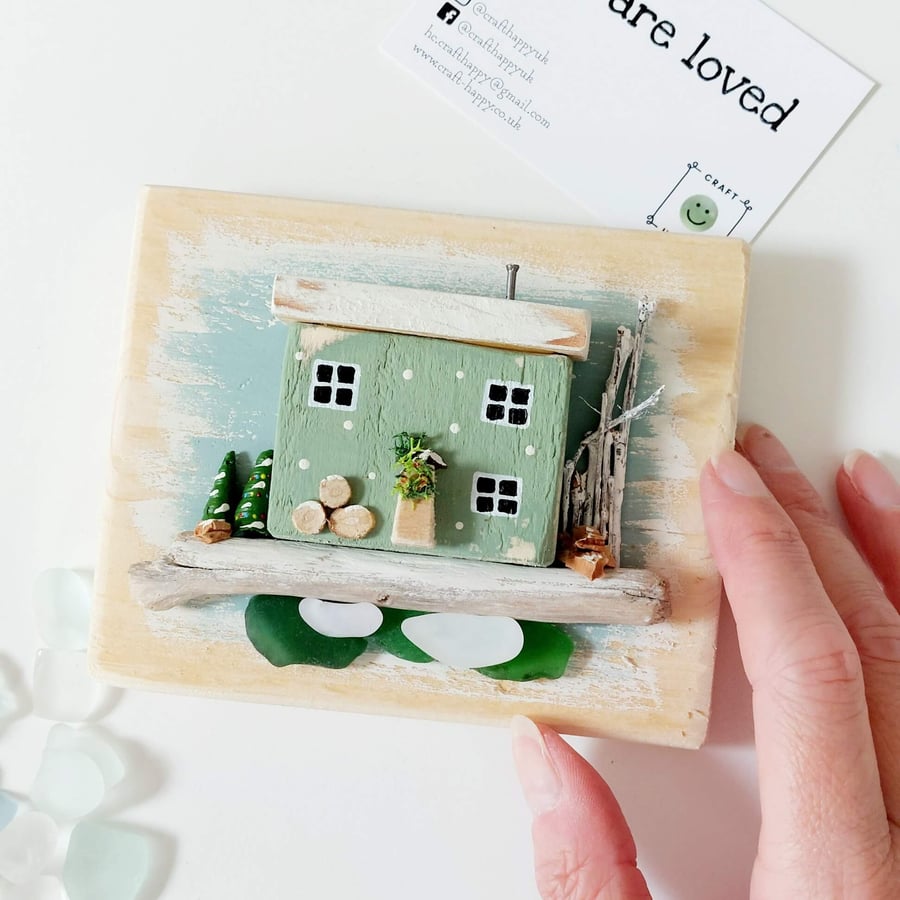 Reclaimed Wood, Driftwood and Sea Glass Miniature Christmas Cottage