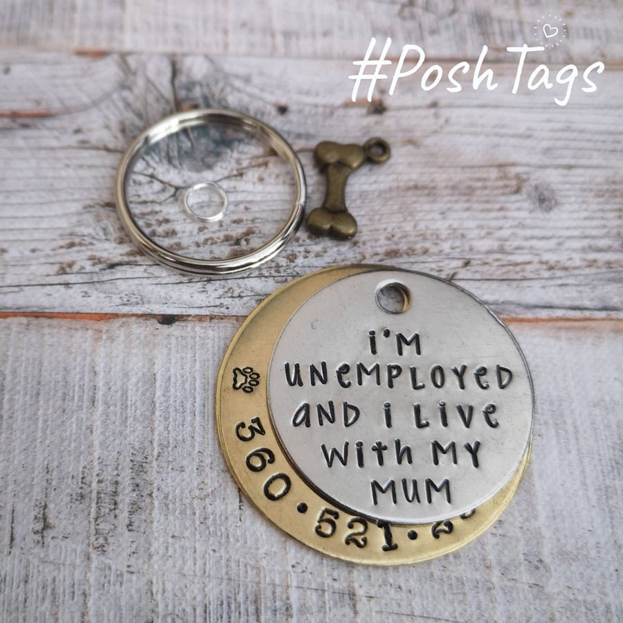 Very LARGE hand stamped handmade dog tag - Unemployed and live with my mum! ANY 