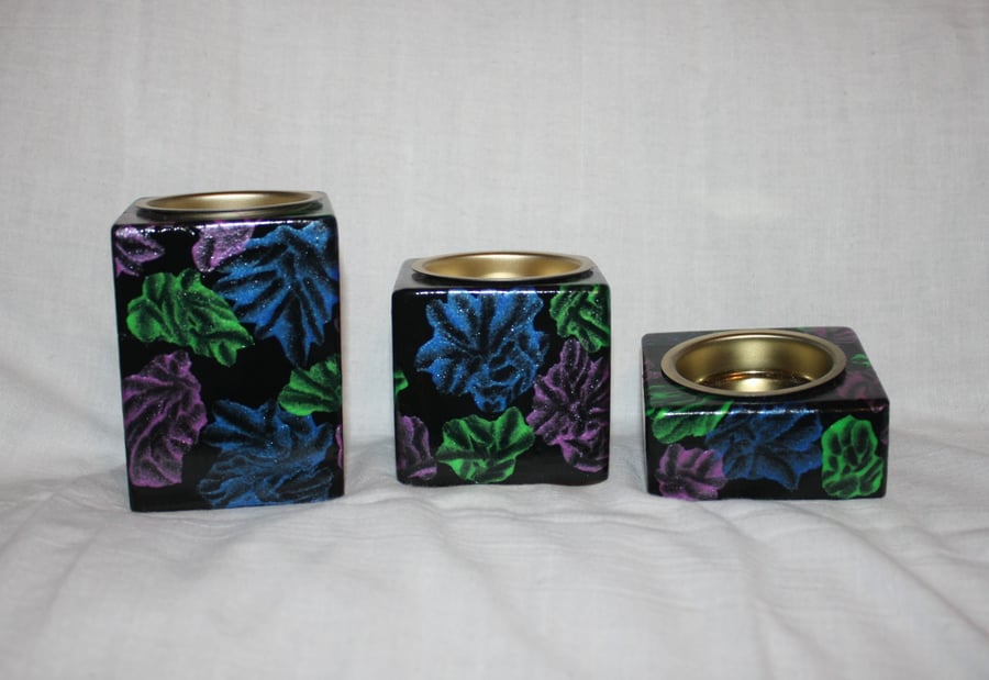 Multi-coloured Wooden set of three Block Candle Holders