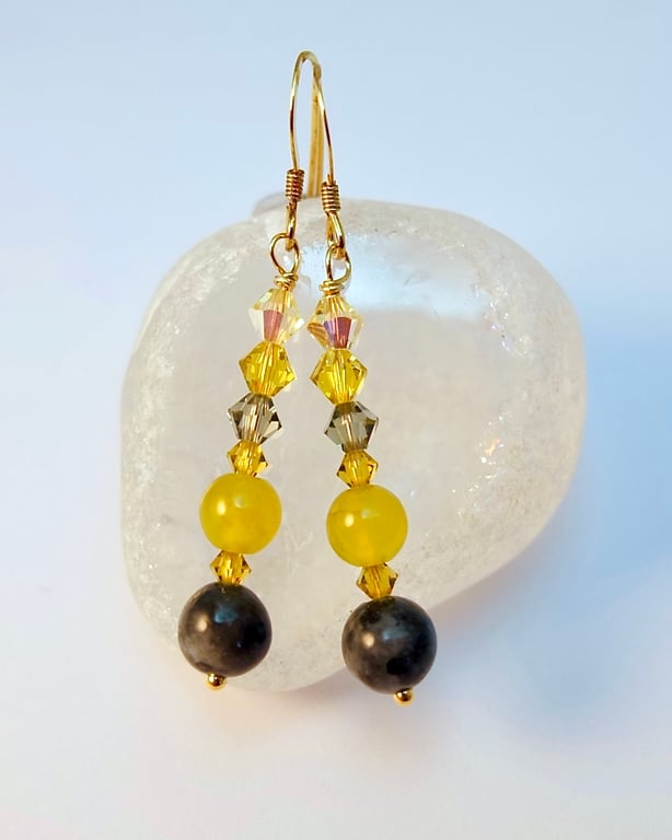 Larvikite, Serpentine & Sparkly Crystal Earrings, Birthday, Anniversary Gift