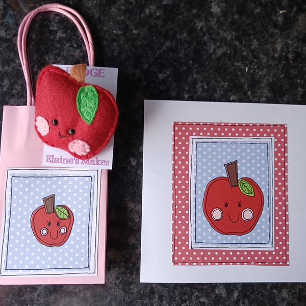 Quirky art teachers , teaching assistant , handmade felt apple badge, card, bag 