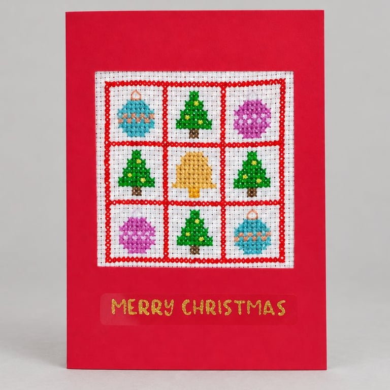 Handmade Cross Stitch Christmas Card – Trees, Baubles & Bell – 6 x 4 Inch
