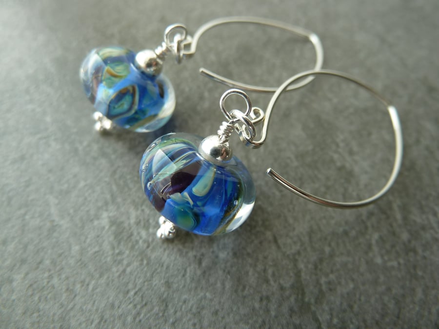 sterling silver, blue lampwork glass earrings