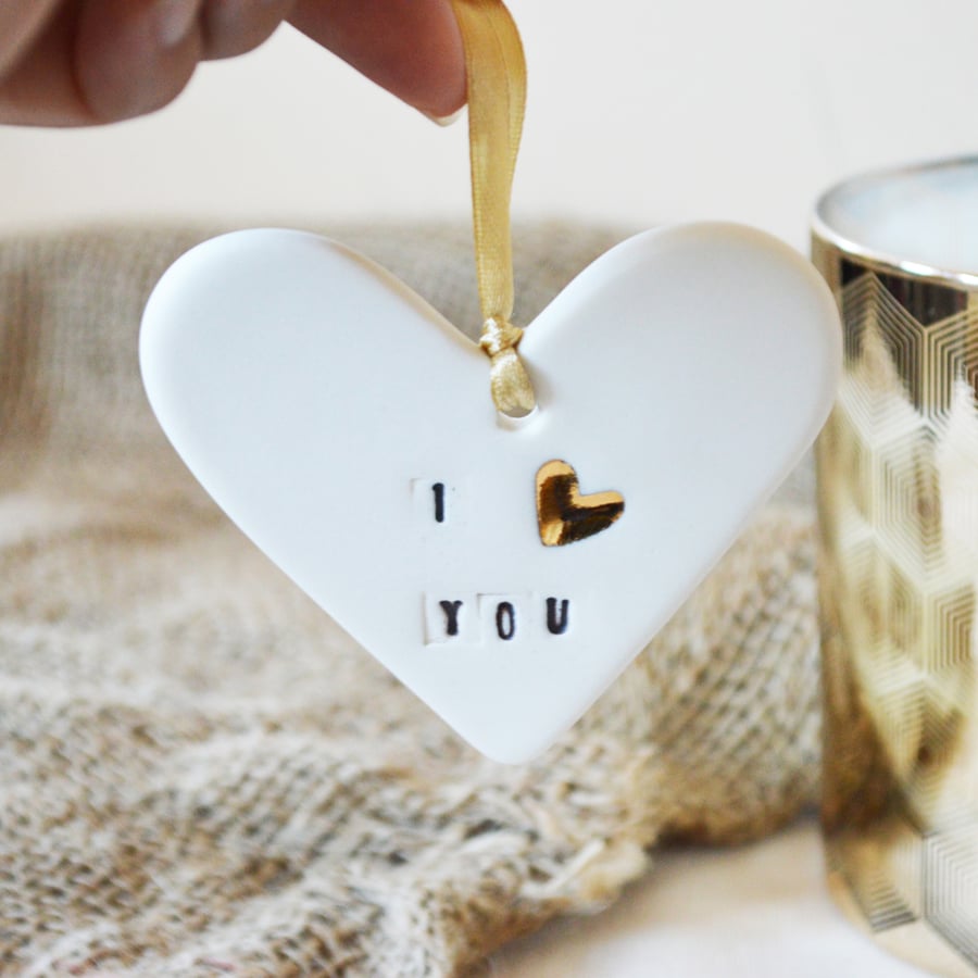 Ceramic Porcelain- I love you Heart Tag with Gold embossed Heart.