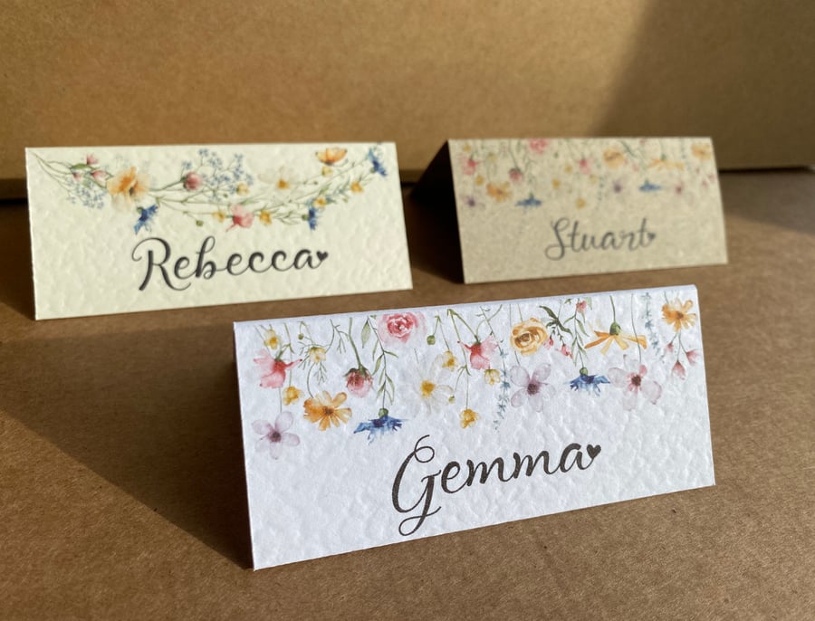 6x name place wildflowers CARDS rustic field foliage flowers wedding table decor