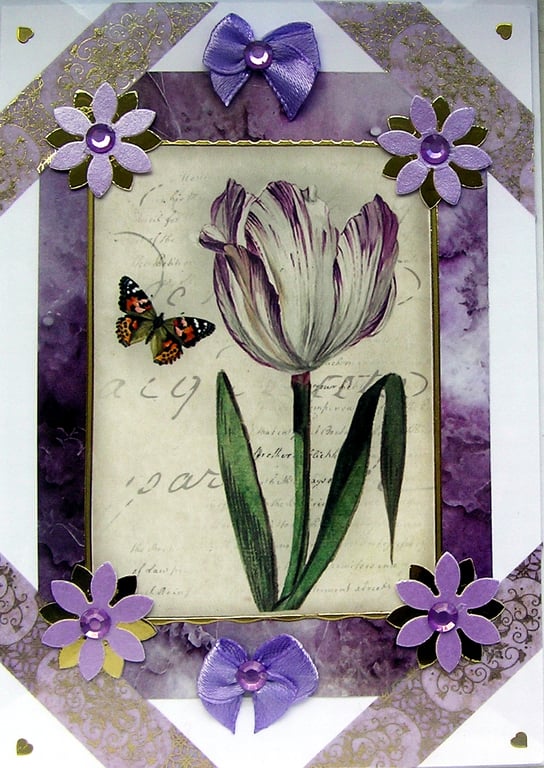 Purple Tulip Flower - Hand Crafted Decoupage Greeting Card - Blank 2891
