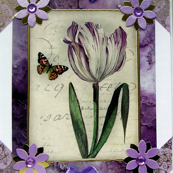 Purple Tulip Flower - Hand Crafted Decoupage Greeting Card - Blank 2891