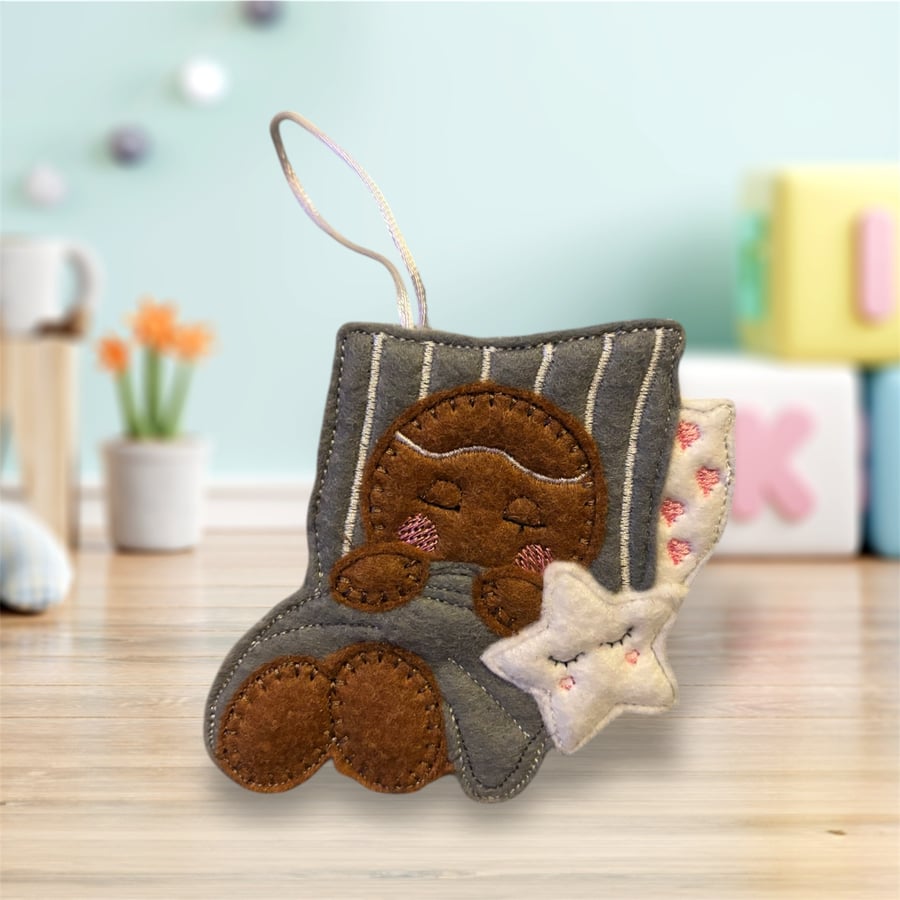 Sleeping Gingerbread in bed Embroidered Hanging Keepsake 