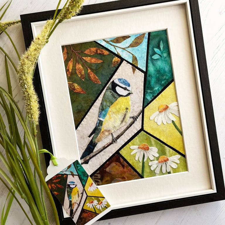Mixed media collage of blue tits and daisies - gift for nature lover