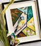 Mixed media collage of blue tits and daisies - gift for nature lover - Image 1