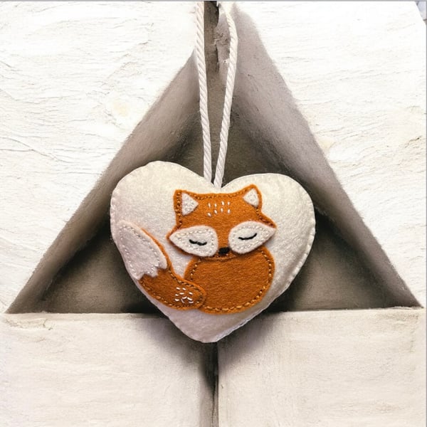 Felt Sleeping Fox Heart Shaped Hanging Decoration 
