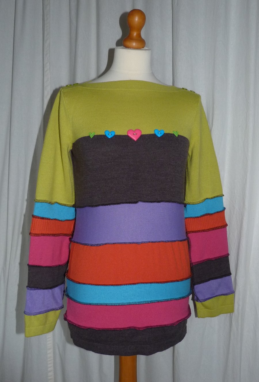  Upcycled Jumper with Decorative Buttons. Bright Colours.