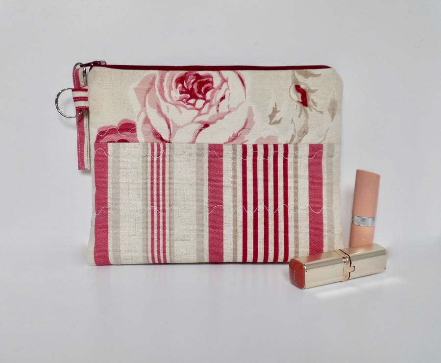 Make up bag in floral and stripes pink fabric large size 