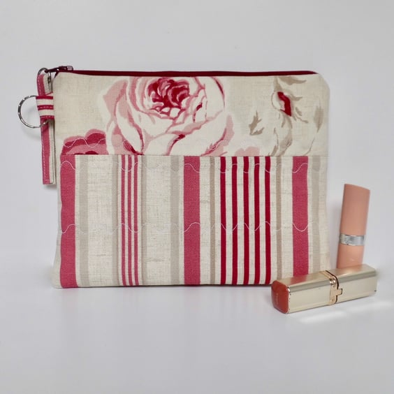 Make up bag in floral and stripes pink fabric large size 