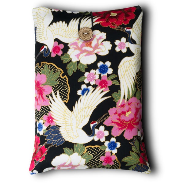 Crane & Peony Book Sleeve – Japanese Cotton Book Protector with Coconut Button