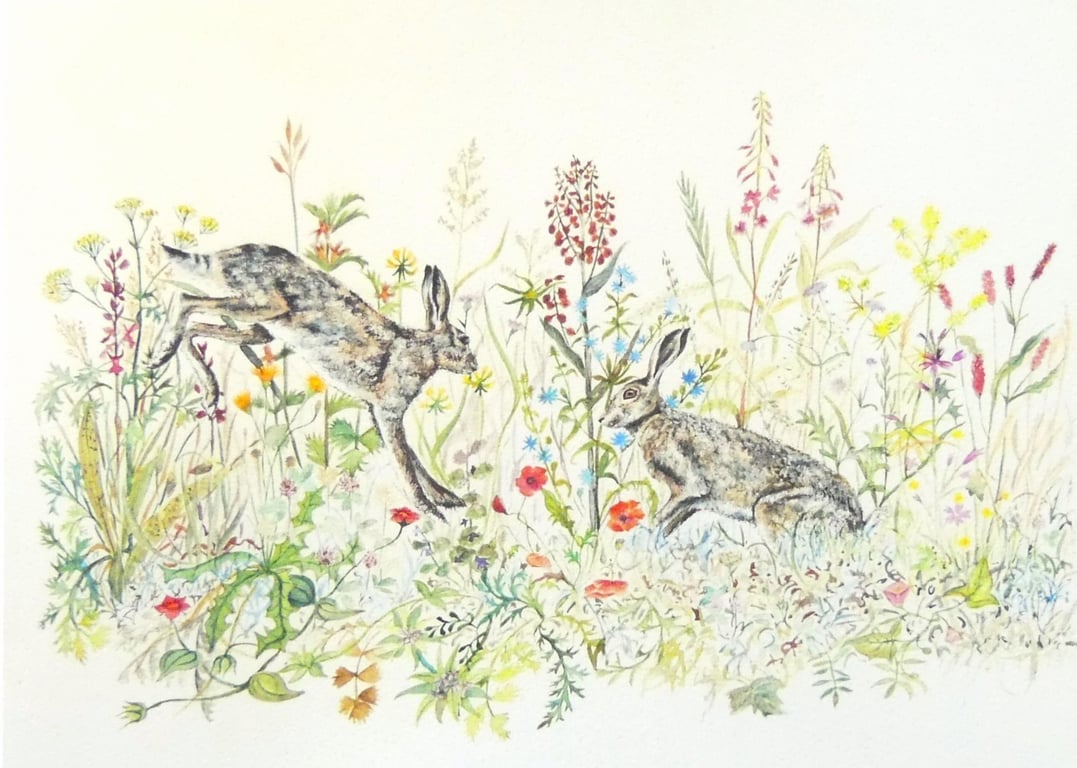 Hare & Wild Flowers Print from Original Watercolour Painting Bespoke Home Decor