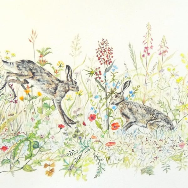 Hare & Wild Flowers Print from Original Watercolour Painting Bespoke Home Decor