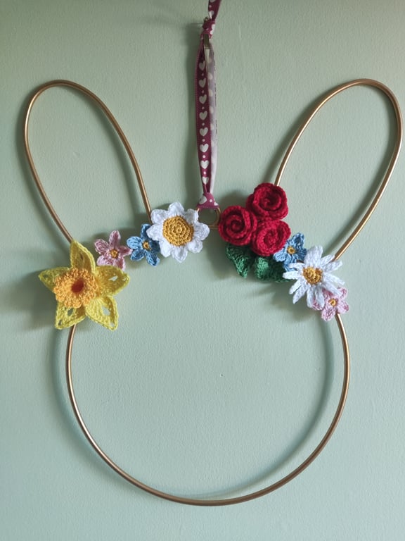 Spring Wreath - Freestanding or Bunny Wall Decoration - Crochet Flowers