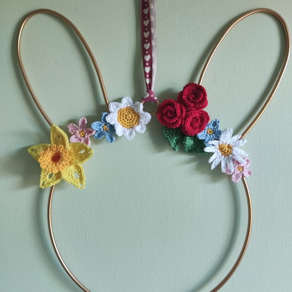 Spring Wreath - Freestanding or Bunny Wall Decoration - Crochet Flowers