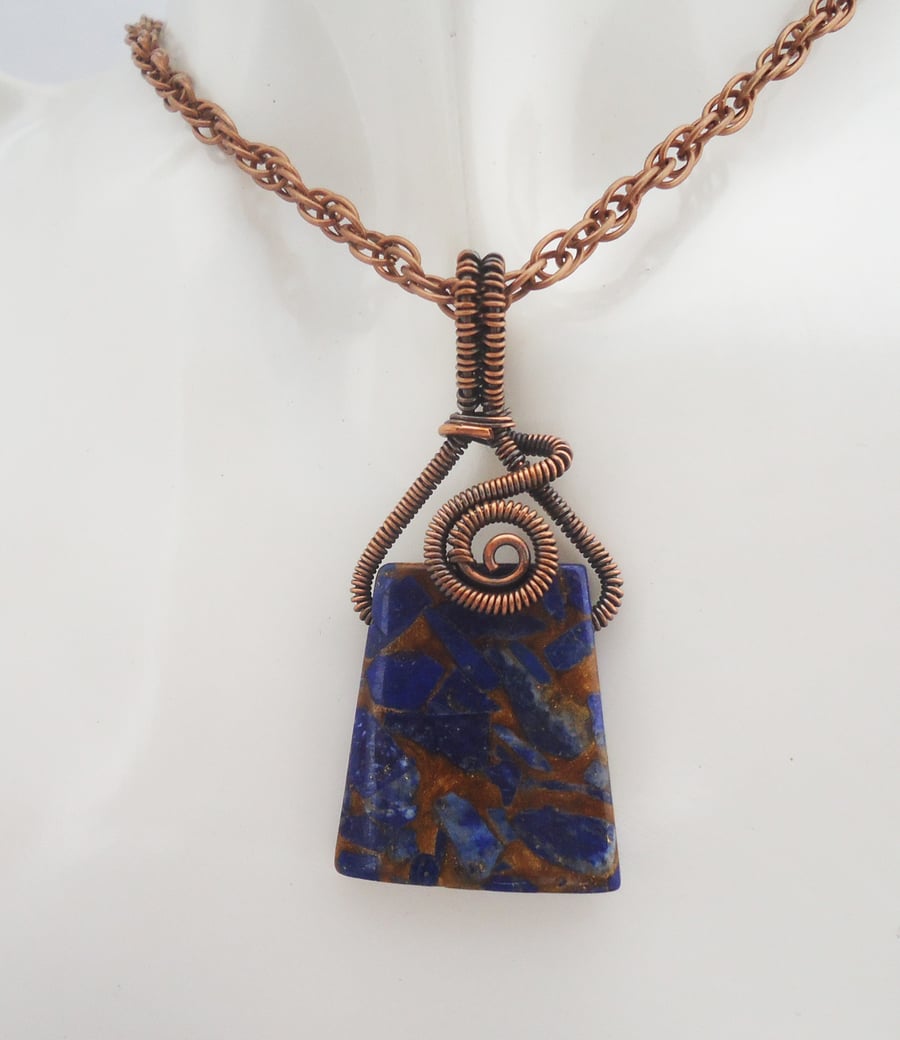 Wire Wrapped Blue Gemstone Pendant, Copper Wire Wrapped Pendant