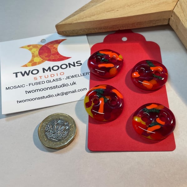 Set of 4 red fused glass buttons 
