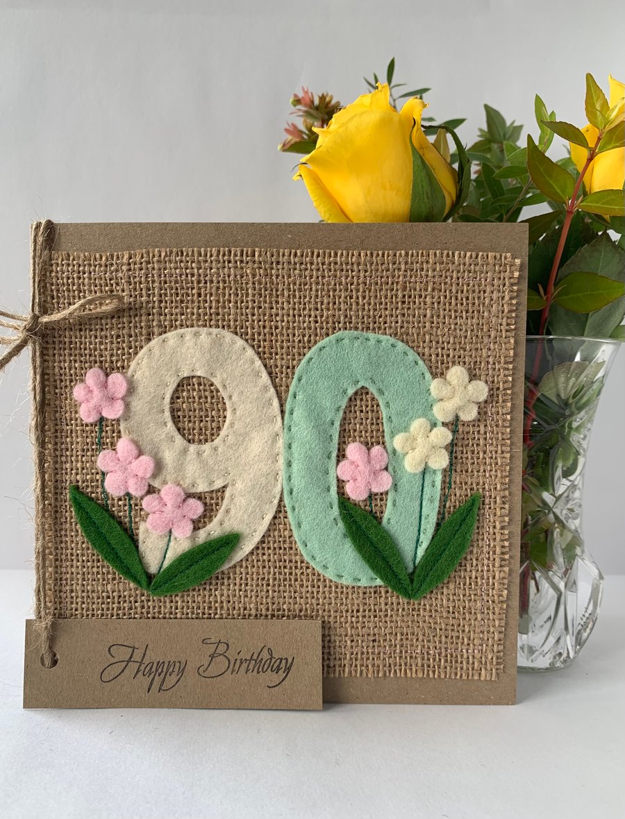 Handmade 90th Birthday Card from felt. Keepsake Card. Textile card.