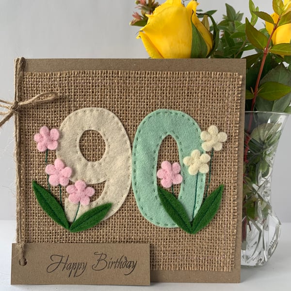 Handmade 90th Birthday Card from felt. Keepsake Card. Textile card.