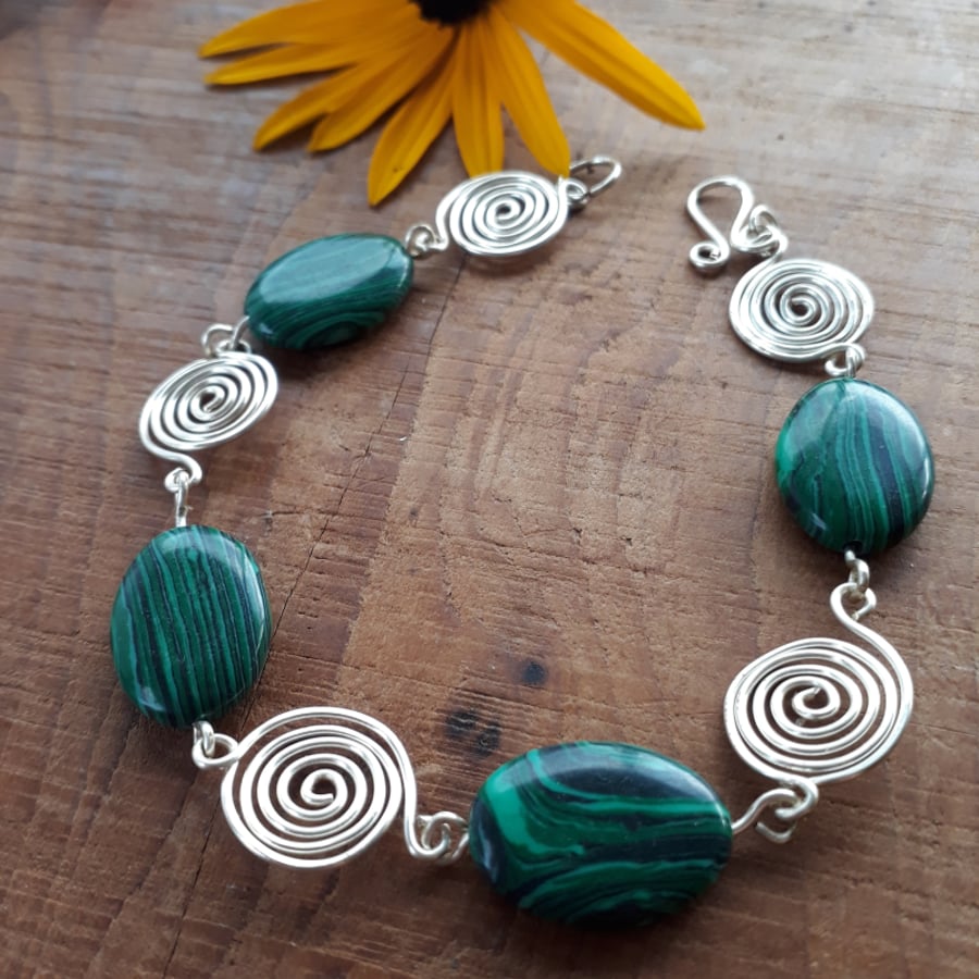 Green Malachite with Silver Spiral Bracelets gemstones jewellery Christmas gift