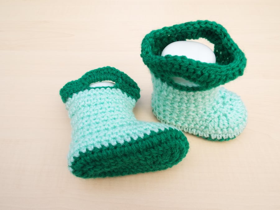 Hand crochet baby booties galoshes rain boot greens 0 - 3 months