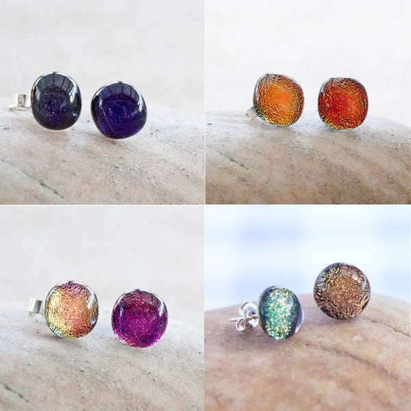 Colourful Dichroic Fused Glass Sterling Silver Stud Earrings